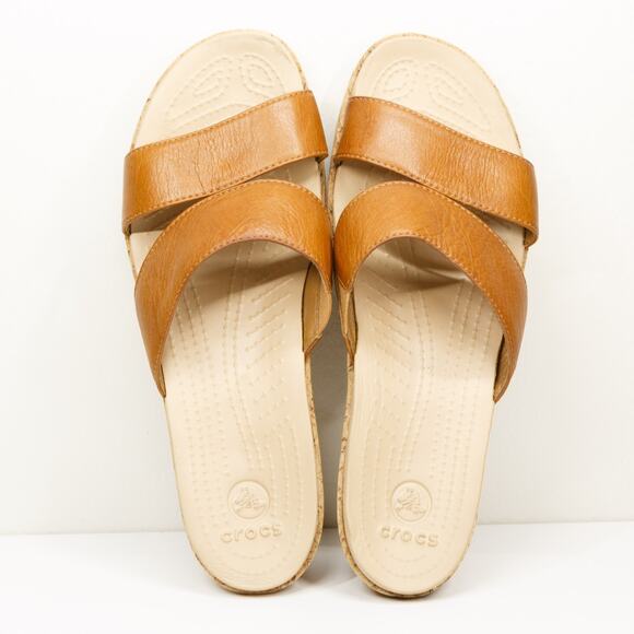 CROCS A-Leigh Leather Cork Slide Sandals Platform Wedge Caramel Tan Sz 9 - Picture 4 of 9